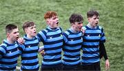 8 February 2024; St Vincent's Castleknock College players sing their anthem after the Bank of Ireland Leinster Schools Junior Cup Round 1 match between St Vincent's Castleknock College and Gonzaga College at Energia Park in Dublin. Photo by Daire Brennan/Sportsfile