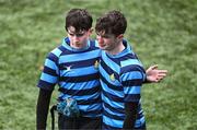 8 February 2024; Dejected St Vincent's Castleknock College players, Darragh Mac Mhaoinigh, left, and Matthew McGee after the Bank of Ireland Leinster Schools Junior Cup Round 1 match between St Vincent's Castleknock College and Gonzaga College at Energia Park in Dublin. Photo by Daire Brennan/Sportsfile