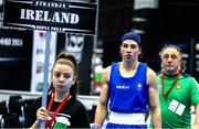 8 February 2024; Aoife O’Rourke of Ireland and coach Zaur Antia before her Middleweight 75kg bout over Elzbieta Wojcik of Poland during the 75th International Boxing Tournament Strandja in Sofia, Bulgaria. Photo by Ivan Ivanov/Sportsfile
