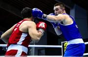 8 February 2024; Jack Marley of Ireland, right, in action against Madiyar Saydrakhimov of Uzbekistan in their Heavyweight 92kg bout during the 75th International Boxing Tournament Strandja in Sofia, Bulgaria. Photo by Yulian Todorov/Sportsfile