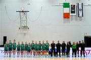 8 February 2024; The Ireland team stand by their bench as they stand for their national anthem before the FIBA Women's EuroBasket Championship Qualifier match between Israel and Ireland at the Rimi Olympic Centre in Riga, Latvia. Photo by Oksana Dzadan/Sportsfile