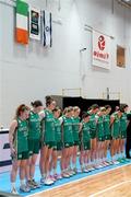 8 February 2024; The Ireland team stand by their bench as they stand for their national anthem before the FIBA Women's EuroBasket Championship Qualifier match between Israel and Ireland at the Rimi Olympic Centre in Riga, Latvia. Photo by Oksana Dzadan/Sportsfile