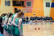 8 February 2024; The Ireland team stand by their bench as the Israel team stand on the court as the teams stand for their national anthems before the FIBA Women's EuroBasket Championship Qualifier match between Israel and Ireland at the Rimi Olympic Centre in Riga, Latvia. Photo by Oksana Dzadan/Sportsfile
