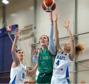 8 February 2024; Bridget Herlihy of Ireland in action against Daniel Raber and Eden Rotberg of Israel during the FIBA Women's EuroBasket Championship Qualifier match between Israel and Ireland at the Rimi Olympic Centre in Riga, Latvia. Photo by Oksana Dzadan/Sportsfile