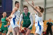 8 February 2024; Bridget Herlihy of Ireland in action against Daniel Raber and Eden Rotberg of Israel during the FIBA Women's EuroBasket Championship Qualifier match between Israel and Ireland at the Rimi Olympic Centre in Riga, Latvia. Photo by Oksana Dzadan/Sportsfile
