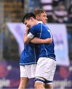 8 February 2024; Jake Barrett, left, and Francis Nangle of St Mary’s College celebrate after the Bank of Ireland Leinster Schools Junior Cup Round 1 match between St Mary's College and Clongowes Wood College at Energia Park in Dublin. Photo by Daire Brennan/Sportsfile
