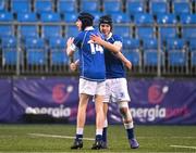 8 February 2024; Cian Dunphy, left, and Joseph Dunne of St Mary’s College celebrate after the Bank of Ireland Leinster Schools Junior Cup Round 1 match between St Mary's College and Clongowes Wood College at Energia Park in Dublin. Photo by Daire Brennan/Sportsfile