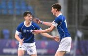 8 February 2024; Jeff Prendergast, left, and Donal Manzor of St Mary’s College celebrate after the Bank of Ireland Leinster Schools Junior Cup Round 1 match between St Mary's College and Clongowes Wood College at Energia Park in Dublin. Photo by Daire Brennan/Sportsfile