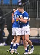8 February 2024; Jacob Dunne, left, and Jack Fogarty of St Mary’s College celebrate after the Bank of Ireland Leinster Schools Junior Cup Round 1 match between St Mary's College and Clongowes Wood College at Energia Park in Dublin. Photo by Daire Brennan/Sportsfile