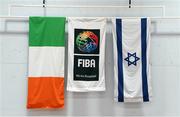 8 February 2024; The Ireland and Israel flags hang alongside the FIBA flag during the FIBA Women's EuroBasket Championship Qualifier match between Israel and Ireland at the Rimi Olympic Centre in Riga, Latvia. Photo by Oksana Dzadan/Sportsfile
