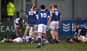 8 February 2024; Will Kelly of St Mary’s College celebrates after team-mate Eoghan Brady scored his side's fifth try during the Bank of Ireland Leinster Schools Junior Cup Round 1 match between St Mary's College and Clongowes Wood College at Energia Park in Dublin. Photo by Daire Brennan/Sportsfile