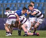 8 February 2024; Eoghan Brady of St Mary’s College is tackled by Dylan Morrissey of Clongowes Wood College during the Bank of Ireland Leinster Schools Junior Cup Round 1 match between St Mary's College and Clongowes Wood College at Energia Park in Dublin. Photo by Daire Brennan/Sportsfile