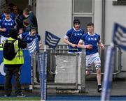 8 February 2024; Eoin Farrell of St Mary’s College leads his side out ahead of the Bank of Ireland Leinster Schools Junior Cup Round 1 match between St Mary's College and Clongowes Wood College at Energia Park in Dublin. Photo by Daire Brennan/Sportsfile