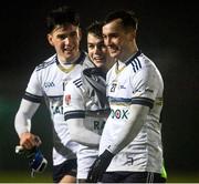 8 February 2024; Ulster University players, from left, Conor Cush, Ruairi Canavan, and Darragh Canavan after their side's victory in the Electric Ireland Higher Education GAA Sigerson Cup semi-final match between Ulster University and Maynooth University at Inniskeen Grattans in Monaghan. Photo by Stephen Marken/Sportsfile