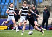 9 February 2024; Joshua Ellis of Wesley College in action against David Barr of Belvedere College during Bank of Ireland Leinster Schools Junior Cup Round 1 match between Belvedere College and Wesley College at Energia Park in Dublin. Photo by Piaras Ó Mídheach/Sportsfile