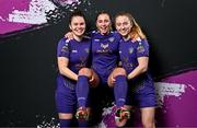 8 February 2024; In attendance during a Wexford FC squad portraits session at the SETU Carlow Campus are, from left, Ciara Rossiter, Ellen Molloy, and Aoibheann Clancy. Photo by Sam Barnes/Sportsfile