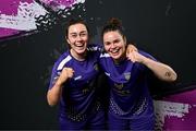 8 February 2024; Orlaith Conlon, left, and Ciara Rossiter pose for a picture during a Wexford FC squad portraits session at the SETU Carlow Campus. Photo by Sam Barnes/Sportsfile