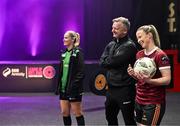 7 February 2024; Lynsey McKey of Galway United, right, shares a joke with Peamount United manager James O'Callaghan and Erin McLaughlin of Peamount United at the launch of the SSE Airtricity League of Ireland 2024 season held at Vicar Street in Dublin. Photo by Sam Barnes/Sportsfile
