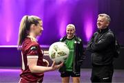7 February 2024; Peamount United manager James O'Callaghan and Erin McLaughlin of Peamount United share a joke with Lynsey McKey of Galway United at the launch of the SSE Airtricity League of Ireland 2024 season held at Vicar Street in Dublin. Photo by Sam Barnes/Sportsfile