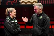 7 February 2024; Erin McLaughlin of Peamount United in conversation with Peamount United manager James O'Callaghan at the launch of the SSE Airtricity League of Ireland 2024 season held at Vicar Street in Dublin. Photo by Sam Barnes/Sportsfile