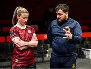 7 February 2024; Galway United manager Phill Trill, right, in conversation with Lynsey McKey of Galway United at the launch of the SSE Airtricity League of Ireland 2024 season held at Vicar Street in Dublin. Photo by Sam Barnes/Sportsfile