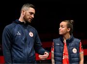 7 February 2024; Shelbourne manager Eoin Wearen in conversation with Pearl Slattery of Shelbourne at the launch of the SSE Airtricity League of Ireland 2024 season held at Vicar Street in Dublin. Photo by Sam Barnes/Sportsfile