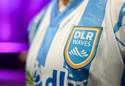 7 February 2024; A detailed view of the crest on the jersey of DLR Waves at the launch of the SSE Airtricity League of Ireland 2024 season held at Vicar Street in Dublin. Photo by Sam Barnes/Sportsfile