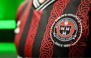 7 February 2024; A detailed view of the crest on the jersey of Bohemians at the launch of the SSE Airtricity League of Ireland 2024 season held at Vicar Street in Dublin. Photo by Sam Barnes/Sportsfile