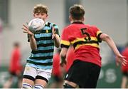 9 February 2024; Niklas Leddy of St Gerard's School in action against Joshua Rigby of CBC Monkstown during Bank of Ireland Leinster Schools Junior Cup Round 1 match between CBC Monkstown and St Gerard's School at Energia Park in Dublin. Photo by Piaras Ó Mídheach/Sportsfile