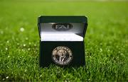 9 February 2024; A detailed view of the FAI President's Cup winners medal featuring an engraving of President of Ireland Michael D Higgins before the 2024 Men's President's Cup match between Shamrock Rovers and St Patrick's Athletic at Tallaght Stadium in Dublin. Photo by Stephen McCarthy/Sportsfile