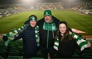 9 February 2024; Shamrock Rovers supporters, from left, Jack, Keith and Hannah O'Brien, from Ashbourne in Meath, in the newly opened North Stand before the 2024 Men's President's Cup match between Shamrock Rovers and St Patrick's Athletic at Tallaght Stadium in Dublin. Photo by Stephen McCarthy/Sportsfile