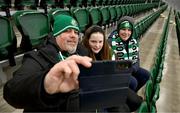 9 February 2024; Shamrock Rovers supporters, from left, Keith, Hannah and Jack O'Brien, from Ashbourne in Meath, take a selfie in the newly opened North Stand before the 2024 Men's President's Cup match between Shamrock Rovers and St Patrick's Athletic at Tallaght Stadium in Dublin. Photo by Stephen McCarthy/Sportsfile