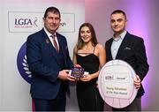 9 February 2024; Dúana Coleman from the Pádraig Sáirséil club in Antrim is presented with the Young Volunteer of the Year award by Ladies Gaelic Football Association President, Mícheál Naughton and Mr. Martin Clancy, Senior Marketing Manager, Glenveagh Homes during the 2023 Glenveagh Homes LGFA National Volunteer of the Year Awards ceremony at Croke Park in Dublin. Photo by David Fitzgerald/Sportsfile