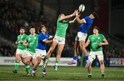 9 February 2024; Hugh Gavin of Ireland and Federico Zanandrea of Italy contest a restart during the U20 Six Nations Rugby Championship match between Ireland and Italy at Virgin Media Park in Cork. Photo by Brendan Moran/Sportsfile
