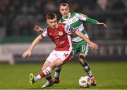 9 February 2024; Brandon Kavanagh of St Patrick's Athletic in action against Sean Kavanagh of Shamrock Rovers during the 2024 Men's President's Cup match between Shamrock Rovers and St Patrick's Athletic at Tallaght Stadium in Dublin. Photo by Stephen McCarthy/Sportsfile