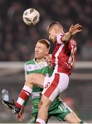 9 February 2024; Aaron Bolger of St Patrick's Athletic in action against Darragh Nugent of Shamrock Rovers during the 2024 Men's President's Cup match between Shamrock Rovers and St Patrick's Athletic at Tallaght Stadium in Dublin. Photo by Stephen McCarthy/Sportsfile