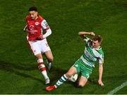 9 February 2024; Jake Mulraney of St Patrick's Athletic is tackled by Conan Noonan of Shamrock Rovers during the 2024 Men's President's Cup match between Shamrock Rovers and St Patrick's Athletic at Tallaght Stadium in Dublin. Photo by Tyler Miller/Sportsfile