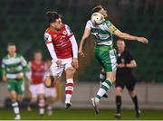 9 February 2024; Ruairi Keating of St Patrick's Athletic in action against Sean Hoare of Shamrock Rovers during the 2024 Men's President's Cup match between Shamrock Rovers and St Patrick's Athletic at Tallaght Stadium in Dublin. Photo by Tyler Miller/Sportsfile