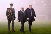 9 February 2024; President of Ireland Michael D Higgins, accompanied by his Aide-De-Camp, and FAI President Paul Cooke before the 2024 Men's President's Cup match between Shamrock Rovers and St Patrick's Athletic at Tallaght Stadium in Dublin. Photo by Stephen McCarthy/Sportsfile