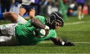 9 February 2024; Sean Edogbo of Ireland scores his side's third try during the U20 Six Nations Rugby Championship match between Ireland and Italy at Virgin Media Park in Cork. Photo by Brendan Moran/Sportsfile