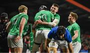 9 February 2024; Sean Edogbo of Ireland is congratulated by Ben O’Connor after scoring their side's third try during the U20 Six Nations Rugby Championship match between Ireland and Italy at Virgin Media Park in Cork. Photo by Brendan Moran/Sportsfile