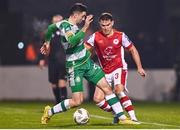 9 February 2024; Anto Breslin of St Patrick's Athletic in action against Neil Farrugia of Shamrock Rovers during the 2024 Men's President's Cup match between Shamrock Rovers and St Patrick's Athletic at Tallaght Stadium in Dublin. Photo by Tyler Miller/Sportsfile