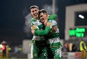 9 February 2024; Trevor Clarke of Shamrock Rovers, right, celebrates with teammate Darragh Burns after scoring his side's first goal during the 2024 Men's President's Cup match between Shamrock Rovers and St Patrick's Athletic at Tallaght Stadium in Dublin. Photo by Tyler Miller/Sportsfile