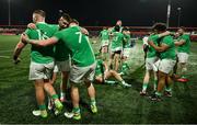 9 February 2024; Ireland players, including Danny Sheahan, Ben O’Connor and Bryn Ward of Ireland celebrate victory at the final whistle of the U20 Six Nations Rugby Championship match between Ireland and Italy at Virgin Media Park in Cork. Photo by Brendan Moran/Sportsfile