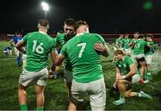 9 February 2024; Ireland players, including Danny Sheahan, Ben O’Connor and Bryn Ward of Ireland celebrate victory at the final whistle of the U20 Six Nations Rugby Championship match between Ireland and Italy at Virgin Media Park in Cork. Photo by Brendan Moran/Sportsfile