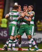 9 February 2024; Josh Honohan of Shamrock Rovers, second right, celebrates with teammates including Sean Hoare and Lee Grace after scoring his side's second goal during the 2024 Men's President's Cup match between Shamrock Rovers and St Patrick's Athletic at Tallaght Stadium in Dublin. Photo by Tyler Miller/Sportsfile