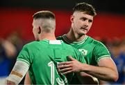 9 February 2024; Evan O’Connell, right, and Ben O’Connor of Ireland celebrate victory after the U20 Six Nations Rugby Championship match between Ireland and Italy at Virgin Media Park in Cork. Photo by Brendan Moran/Sportsfile