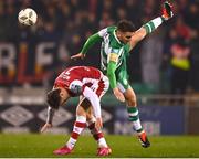 9 February 2024; Dylan Watts of Shamrock Rovers in action against Jay McClelland of St Patrick's Athletic during the 2024 Men's President's Cup match between Shamrock Rovers and St Patrick's Athletic at Tallaght Stadium in Dublin. Photo by Tyler Miller/Sportsfile