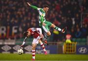 9 February 2024; Dylan Watts of Shamrock Rovers in action against Jay McClelland of St Patrick's Athletic during the 2024 Men's President's Cup match between Shamrock Rovers and St Patrick's Athletic at Tallaght Stadium in Dublin. Photo by Tyler Miller/Sportsfile