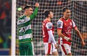 9 February 2024; Darragh Burns of Shamrock Rovers celebrates after teammate Trevor Clarke, not pictured, scores his side's third goal during the 2024 Men's President's Cup match between Shamrock Rovers and St Patrick's Athletic at Tallaght Stadium in Dublin. Photo by Tyler Miller/Sportsfile